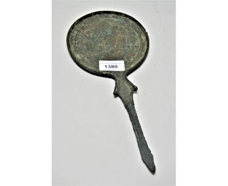 Roman style dark and green patinated bronze hand mirror, 10.75ins longNo provenance with this lot 