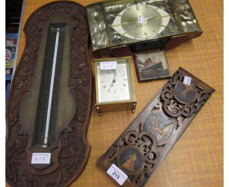 19th Century Sorrento ware adjustable bookrack, a carved mahogany and brass wall thermometer, a Lusitania replica medallion a