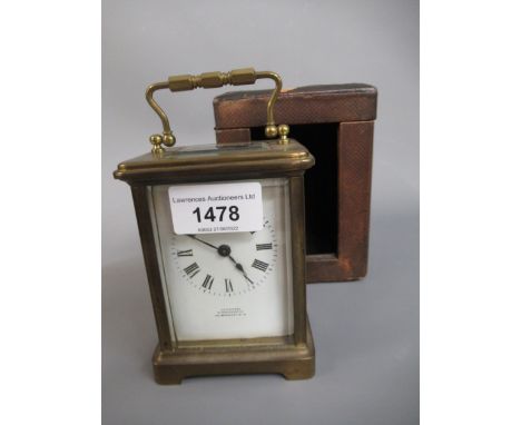 Small French brass cased carriage clock, the enamel dial with Roman numerals, signed J.C. Vickery (retailer), Regent Street, 