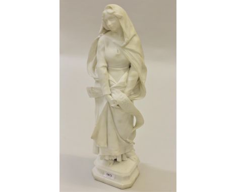 Late 19th / early 20th Century marble figure of a girl wearing a hooded cloak, carrying a banner inscribed ' Fides spes carit