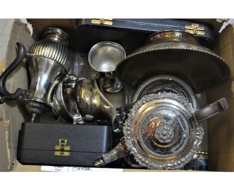 Antique silver plated on copper circular teapot with boxwood handle, plated hot water pot and various other plated and pewter