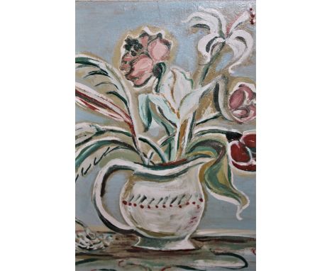 Oil on board, flowers in a decorated jug, New English Art Club label verso, 16ins x 12ins 