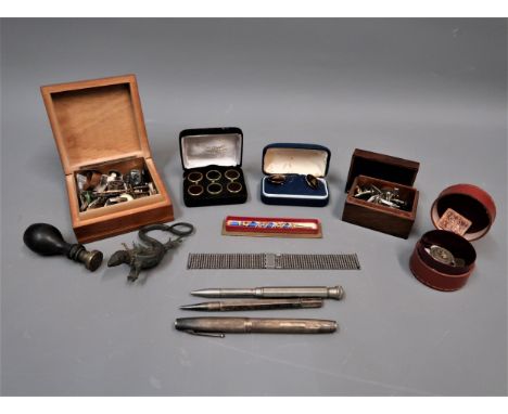 Collection of various pens and pencils, bronze paperweight in the form of a salamander, miscellaneous small items of costume 