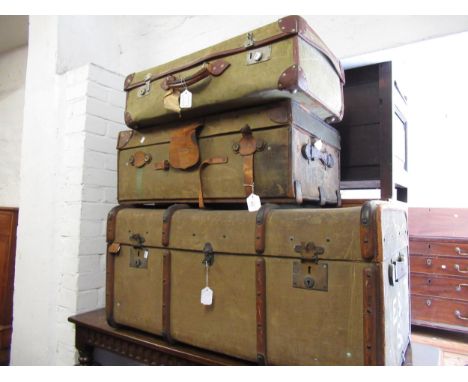Finnigans, New Bond Street, London, wooden banded linen trunk, together with a Finnigans leather mounted linen trunk and anot