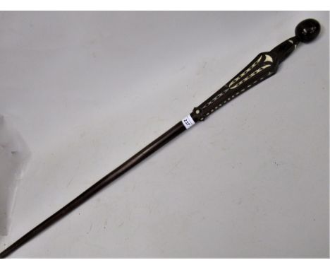 Tribal Art exotic hardwood walking stick with mother of pearl and ebony inlays 