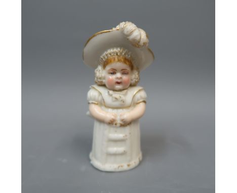 Royal Worcester candle snuffer in the form of a girl wearing a floral bonnetSome loss of gilt, small chip to rim of hat 