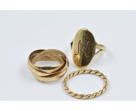 9ct Yellow gold signet ring, 9ct gold three part interlocking ring and 9ct rope design ring, 8.2gInterlocking ring - size IRo