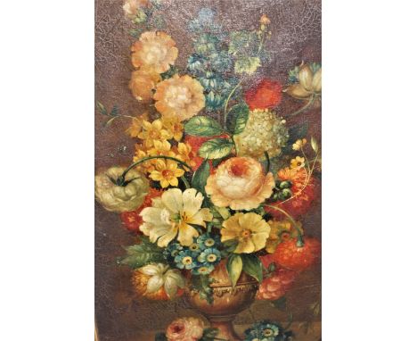 Late 19th / early 20th Century Continental oil on canvas, still life, vase of flowers on a mantelpiece, gilt framed, unsigned