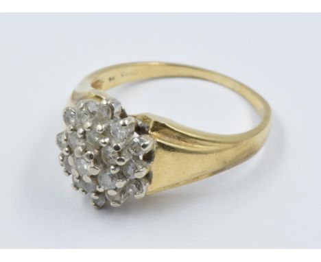 9ct Yellow gold diamond set flower head cluster ring, ring size L 