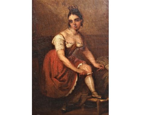 Early 19th Century oil on canvas, portrait of a young lady adjusting her stockings, 12ins x 10ins 