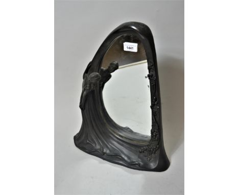 Art Nouveau style pewter table mirror of stylised form mounted with a figure of a girl in a flowing dress, 16ins high 