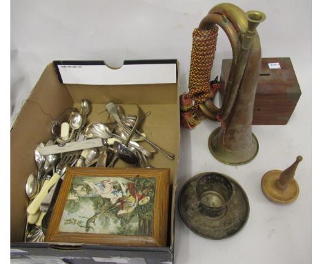 Copper brass mounted bugle, money box, quantity of flatware and sundries 