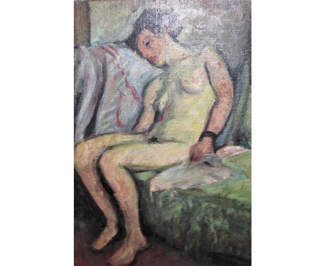 20th Century oil on canvas, full length nude study of a resting female, monogrammed A.E.C., unframed, 20ins x 14ins, another 