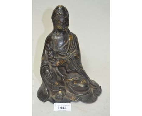 Brown patinated bronze figure of seated Chinese immortal holding a baby, 9ins highA few minor rust marks but generally in goo