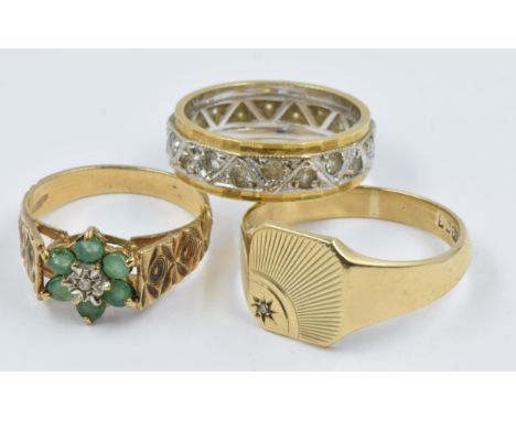 9ct Gold signet ring, 9ct gold emerald and diamond dress ring and a silver eternity ring 