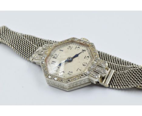 Art Deco ladies 18ct white gold and platinum diamond set cocktail watch on a 9ct gold bracelet strap, gros weight 20 grams 