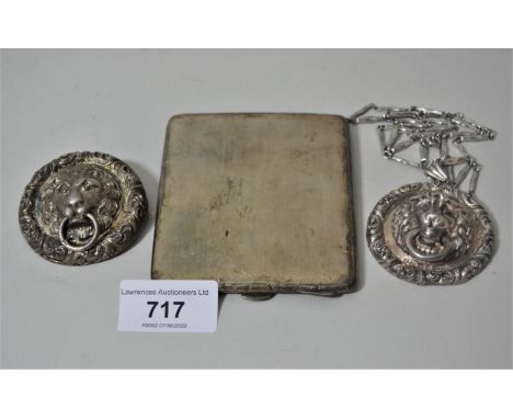 Pair of Victorian silver lion mask ring handles adapted for use as jewellery, together with a silver cigarette case 