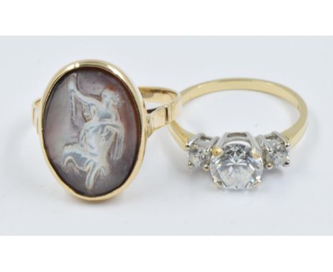 Yellow gold ring set oval mother of pearl cameo, together with 14ct gold cubic zirconia set ring 