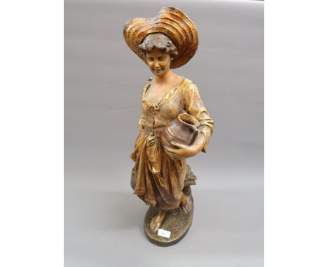 Large Goldscheider terracotta figure of a girl water carrier, signed E. Tell to the base, 26ins highRestoration to hat and ha