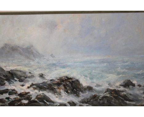 M. Wilson, signed oil on board, rocky coastal seascape, 14.5ins x 23ins 
