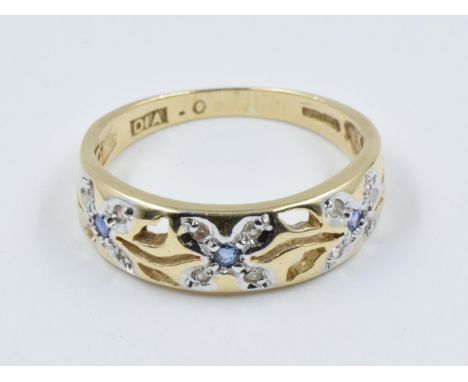 9ct Yellow gold ring set sapphires and diamonds of pierced designSize L 
