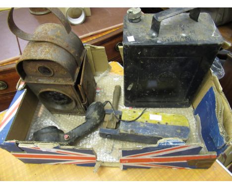 Mid 20th Century military police petrol can, together with a rubber encased telephone, a wooden bird scarer and a Kenyon rail