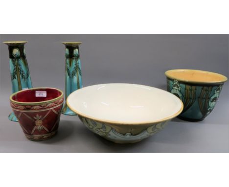 Minton Secessionist Art Nouveau No. 1 wash bowl together with a pair of No. 1 vases, No. 7 planter and one otherAll items in 