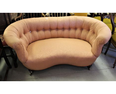 Small Victorian pink damask button upholstered two seat drawing room sofa on low turned supports, 5ft wide approximately26ins