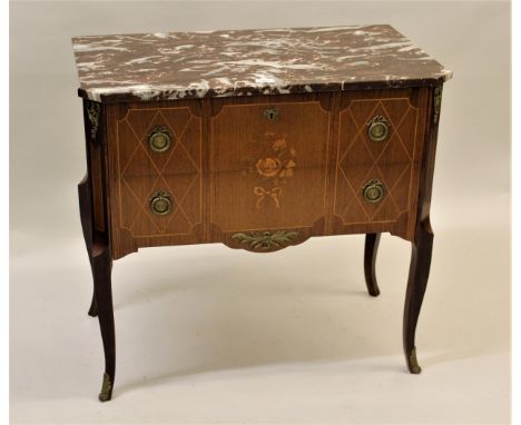 20th Century Continental mahogany floral marquetry and line inlaid small commode, the rouge marble top above two drawers on c