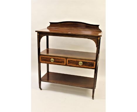 Good quality Edwardian mahogany three tier buffet, with inlaid decoration and two short drawers with brass ring handles, havi