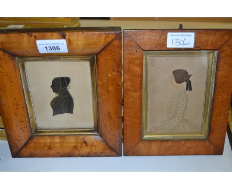 19th Century silhouette portrait of a lady in profile, maple framed together with a similar miniature portrait 