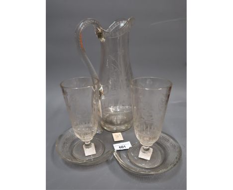 Victorian etched glass lemonade set comprising:  a baluster form jug with scroll handle, two pedestal goblets and a triform t