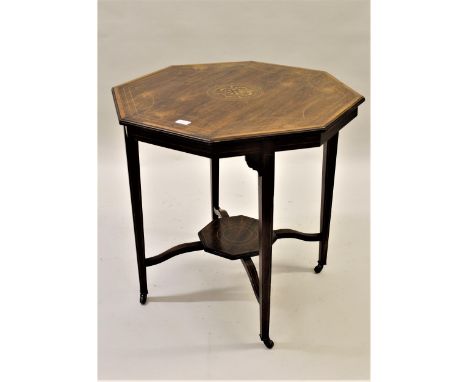 Edwardian rosewood crossbanded and inlaid octagonal occasional table on square tapered supports with undertier, 28.5ins diame