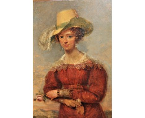 Early 19th Century oil on panel, portrait of a young lady in a landscape, holding a rose, heavy gilt framed, 12ins x 10insCra