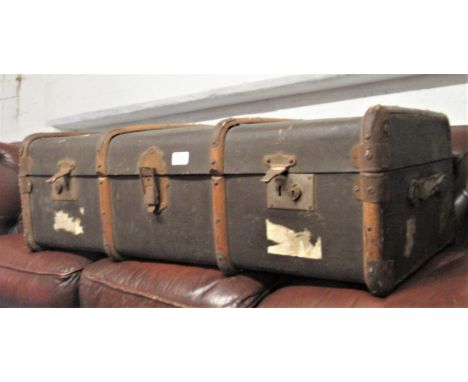 Late 19th / early 20th Century canvas wooden bound metal mounted travel trunk, late 19th / early 20th Century mahogany stool 