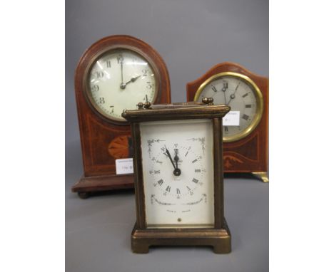 Small brass cased carriage clock by Bayard, Paris together with two small Edwardian mahogany mantel clocks 