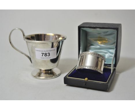 20th Century Birmingham silver Christening mug of tapering form, together with a silver napkin ring, 6 troy oz 