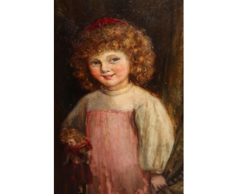 19th Century oil on board, portrait of a child holding a doll, 15ins x 11ins 