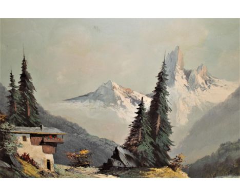 Large oil on canvas, continental mountain scene with chalets, signed J. Mayger, 23ins x 35ins, two other unframed oils on can