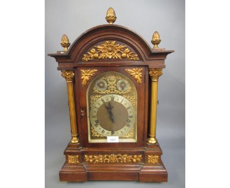 Large Edwardian oak and gilt brass mounted bracket clock, the broken arch case with flanking gilt Corinthian column pilasters