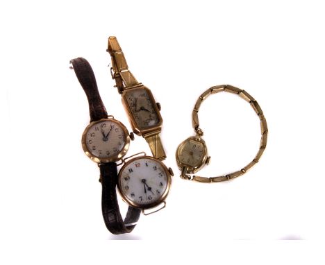 An 9ct gold trench watch by Stauffer & Co, with white enamel dial and red 12, the 17 jewel Swiss movement with Atlas factory 