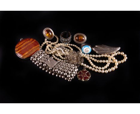 A two strand set of graduated cultured pearl necklace, to a silver mounted mabe pearl clasp, together with a collection of si