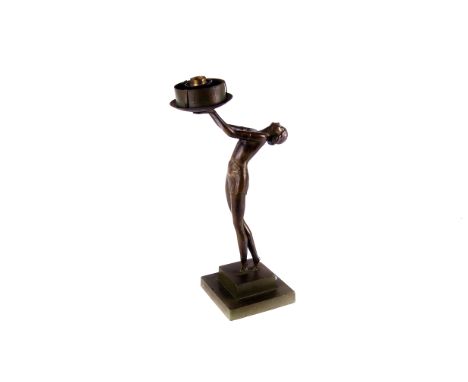An Art Deco spelter lamp base,  modelled as a female dance, with fitting, badly damaged and repaired at waist 