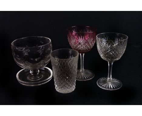 A collection of glass,  to include an Italian reticello bell (AF), a set of nine ruby flashed wine glasses, six ice-cream gla