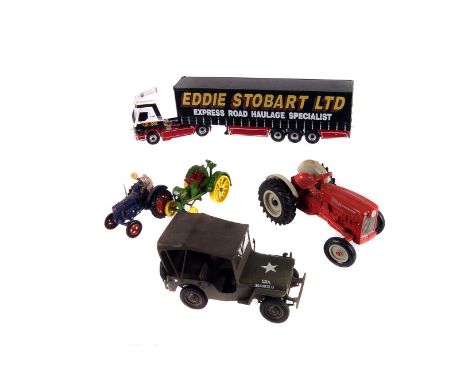 A kit build American military jeep, together with a Corgi Eddie Stobart lorry, a Britain's vintage tractor, plus others, and 