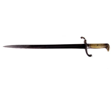 A pre-war German M1871 bayonet, marked Alex Coffell, Solinger to blade, W74 to spine, with diagonal serrations to brass grip,