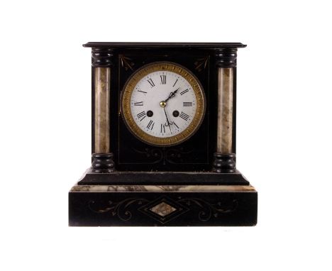 A 19th century slate and marble mantle clock,  the circular dial with gilt acanthus and dart border, 26cm high 
