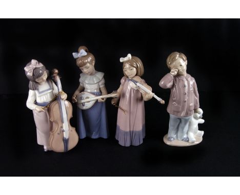 Five Nao figurines,  1980s/90s, each modelled as children, including three instrument players, and two others, each with the 