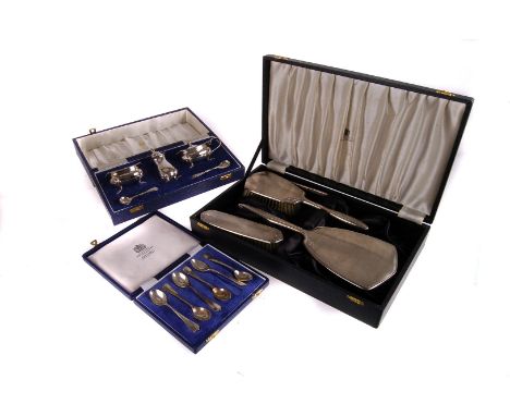 A 1960s silver mounted brush and mirror set by Mappin & Webb,  engine turned and foliate engraved, in original box, together 