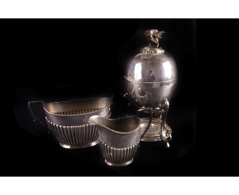 A small collection of silver plate,  including a Victorian egg warmer with eagle finial, a semi gadrooned twin handled sugar 